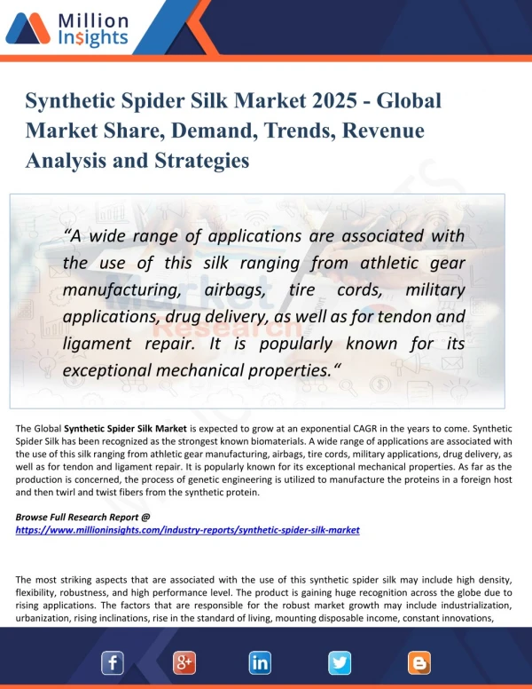 Synthetic Spider Silk Market Research – Industry Analysis, Growth, Size, Share, Trends, Forecast to 2025