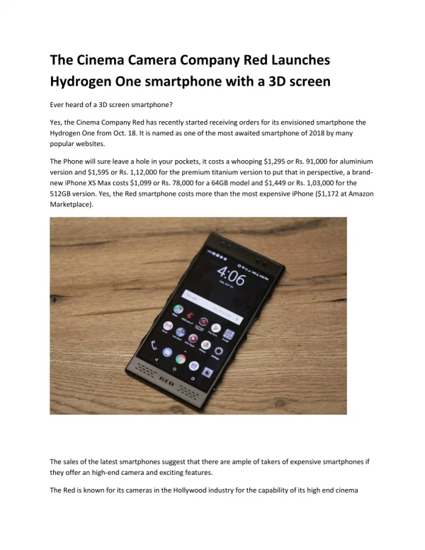 The Cinema Camera Company Red Launches Hydrogen One smartphone with a 3D screen