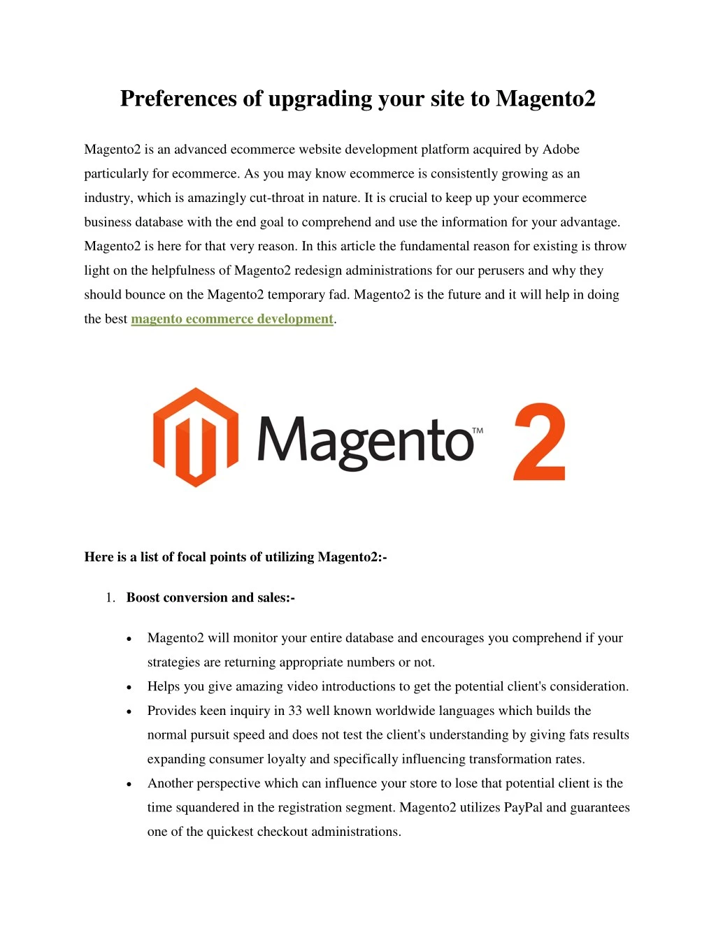 preferences of upgrading your site to magento2