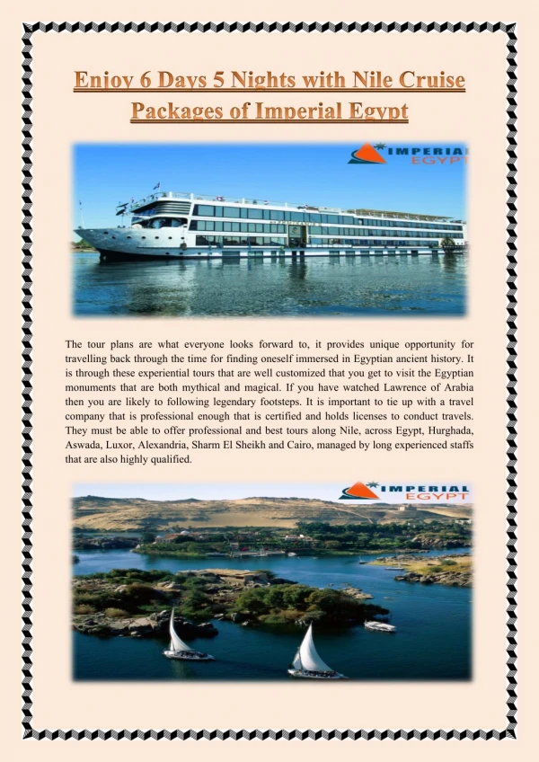 Enjoy 6 Days 5 Nights with Nile Cruise Packages of Imperial Egypt