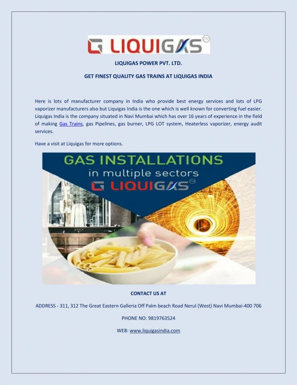 GET FINEST QUALITY GAS TRAINS AT LIQUIGAS INDIA