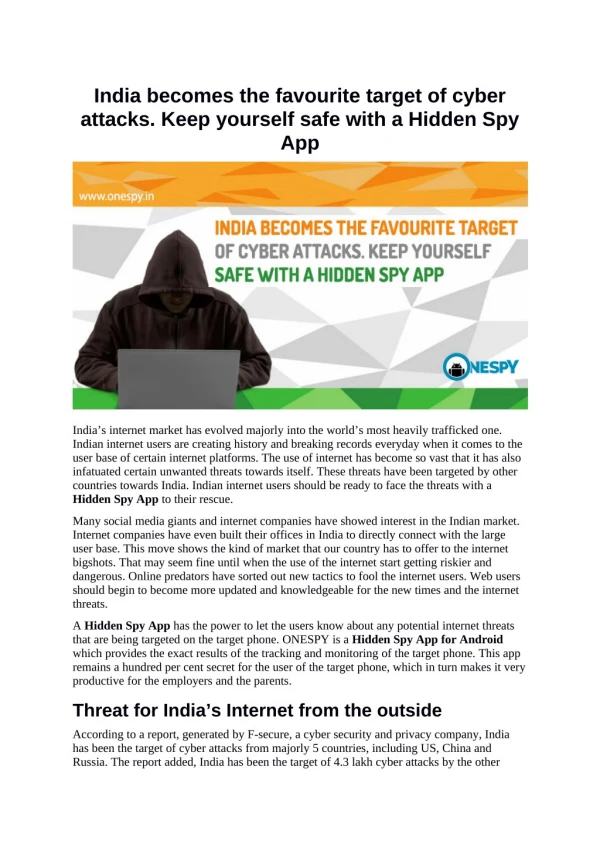 India becomes the favourite target of cyber attacks. Keep yourself safe with a Hidden Spy App