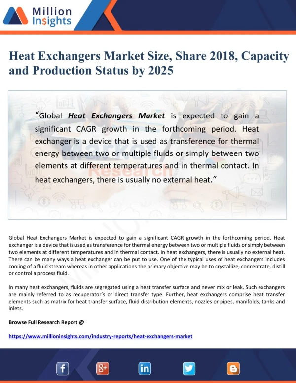 Heat Exchangers Market Size, Share 2018, Capacity and Production Status by 2025