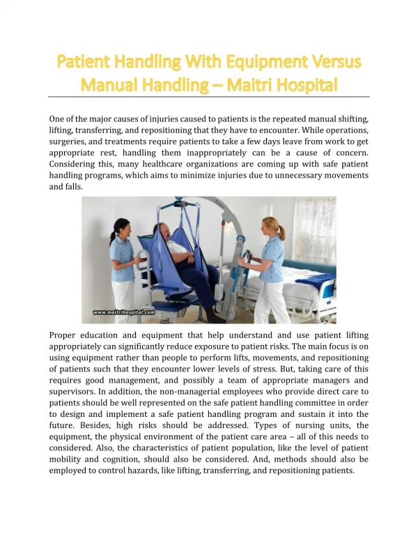 Patient Handling With Equipment Versus Manual Handling - Maitri Hospital