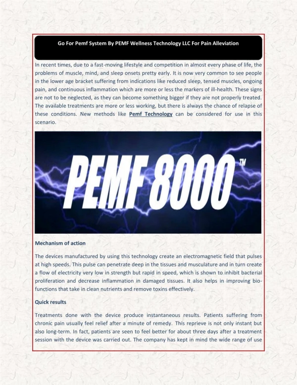 Go For Pemf System By PEMF Wellness Technology LLC For Pain Alleviation