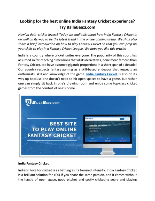Looking for the best online India Fantasy Cricket experience? Try BalleBaazi.com