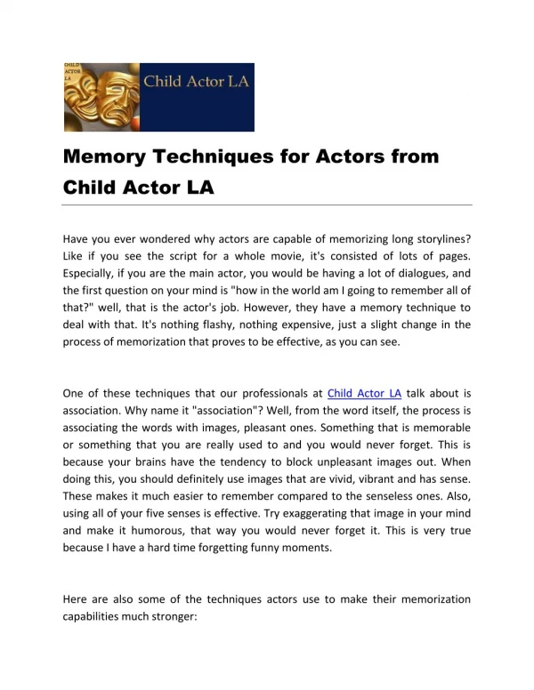 Memory Techniques for Actors from Child Actor LA