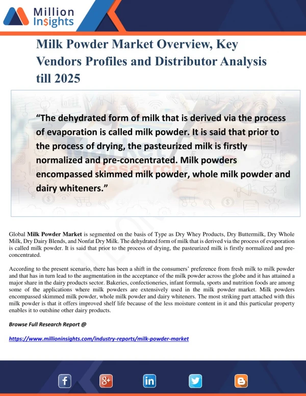 Milk Powder Market Overview, Key Vendors Profiles and Distributor Analysis till 2025
