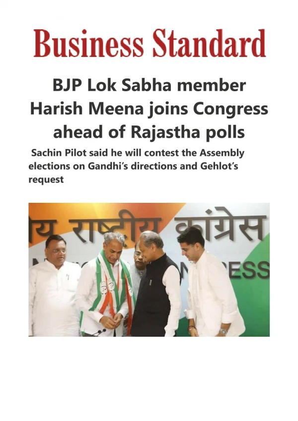 BJP Lok Sabha member Harish Meena joins Congress ahead of Rajasthan polls