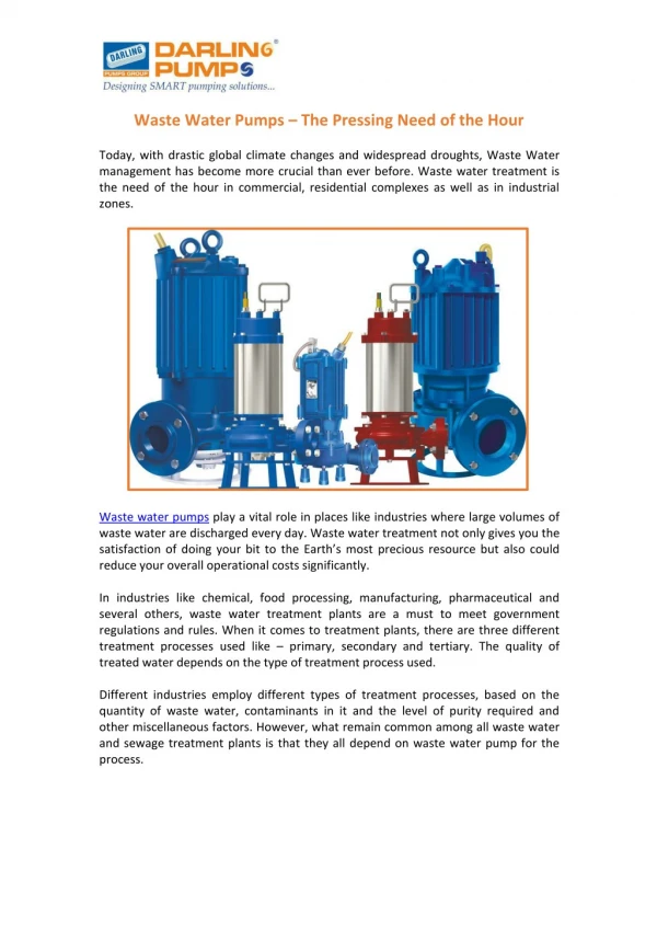 Wide Range of Waste Water Pumps India