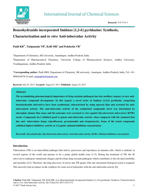 Benzohydrazide incorporated Imidazo [1,2-b] pyridazine: Synthesis, Characterization and in vitro Anti-tubercular Activit