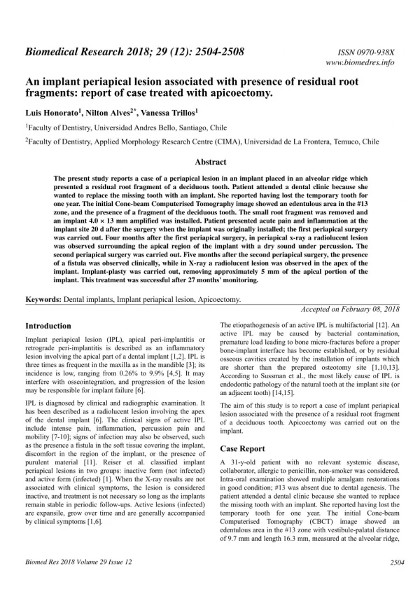 An implant periapical lesion associated with presence of residual root fragments: report of case treated with apicoectom