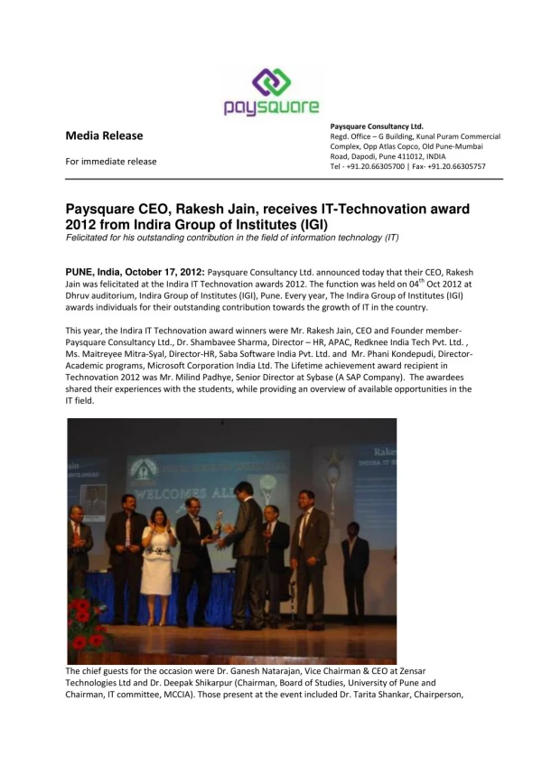 Paysquare CEO, Rakesh Jain, receives IT-Technovation award 2012 from Indira Group of Institutes (IGI)