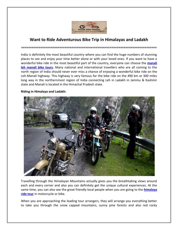 Want to Ride Adventurous Bike Trip in Himalayas and Ladakh
