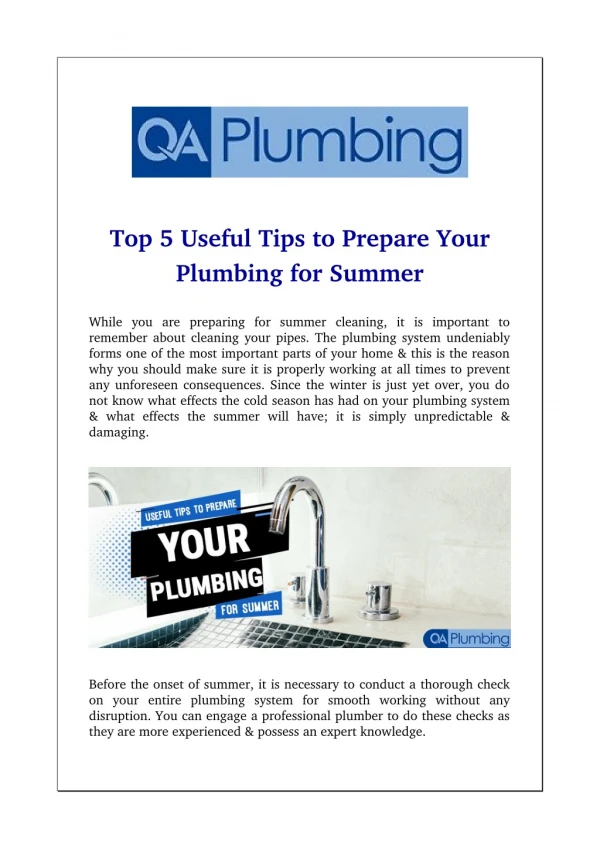 Top 5 Useful Tips to Prepare Your Plumbing for Summer