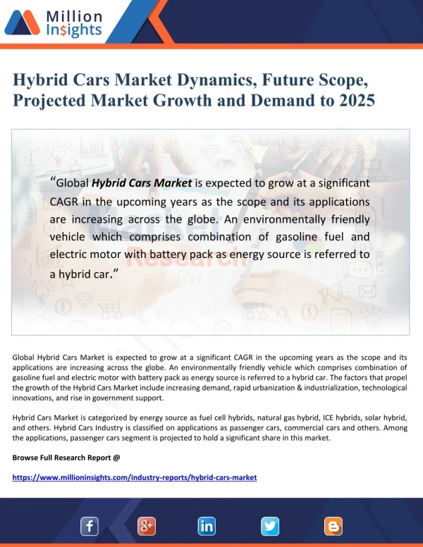 Hybrid Cars Market Dynamics, Future Scope, Projected Market Growths and Demands to 2025