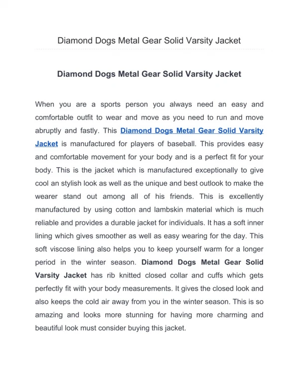 Diamond Dogs Metal Gear Solid Varsity Jacket