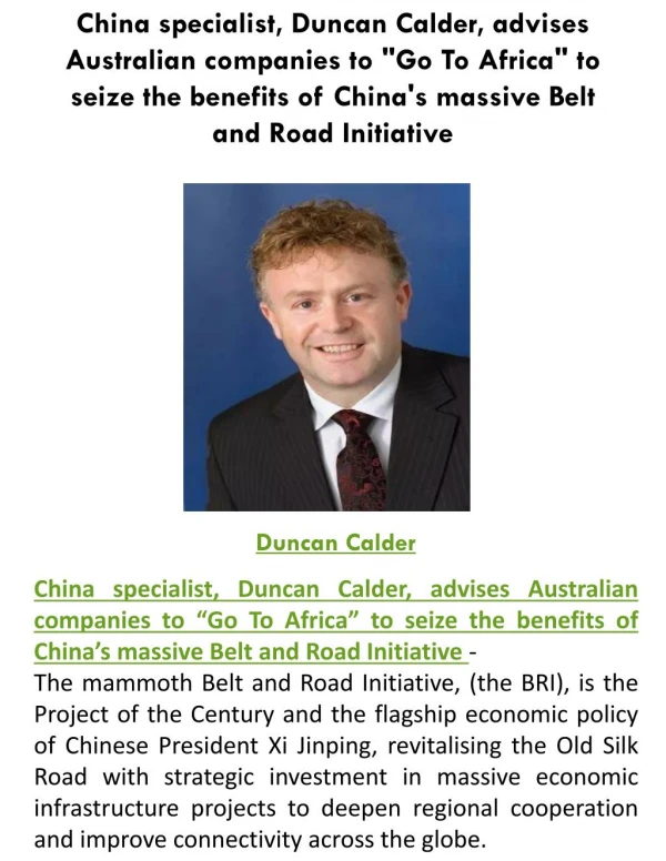 China specialist, Duncan Calder, Advises Australian Companies