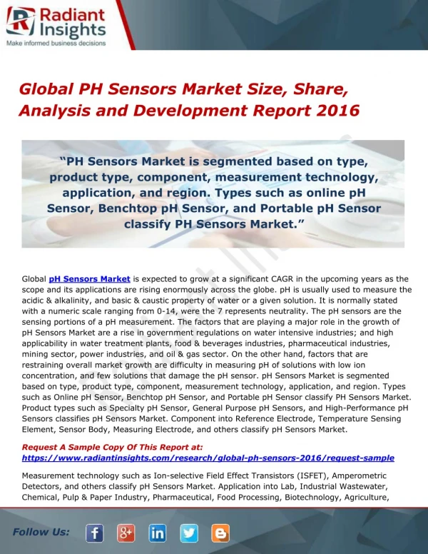 Global PH Sensors Market Size, Share, Analysis and Development Report 2016