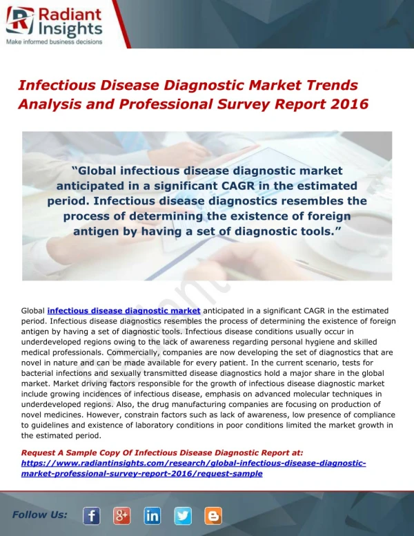 Infectious Disease Diagnostic Market Trends Analysis and Professional Survey Report 2016