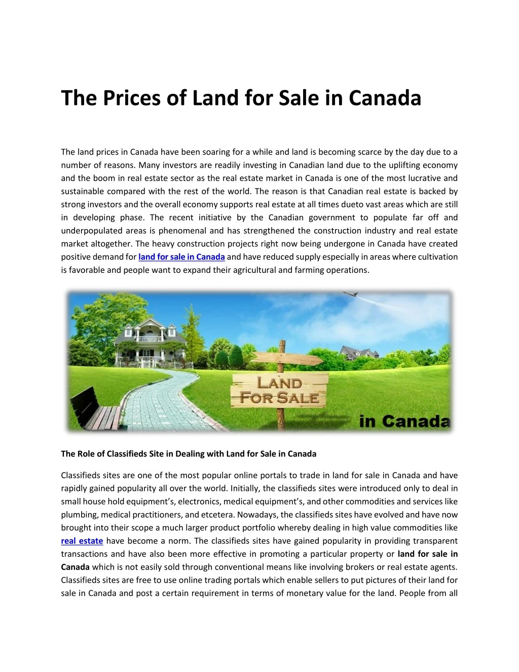 the prices of land for sale in canada