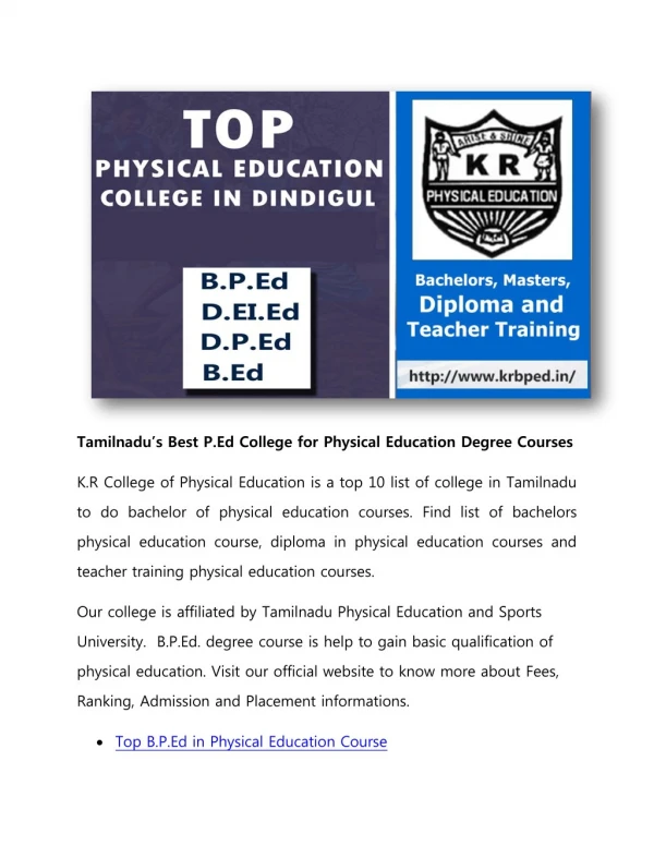 Tamilnadu Best P.Ed College for Physical Education Degree Courses