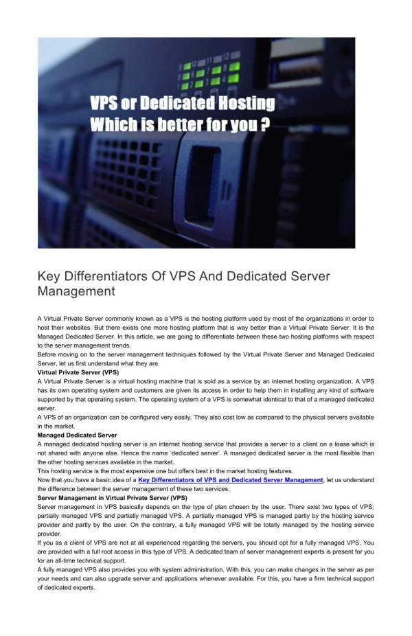 Key Differentiators Of VPS And Dedicated Server Management