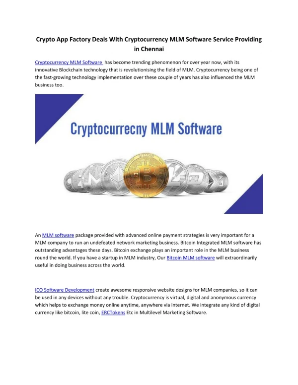 Crypto App Factory Deals With Cryptocurrency MLM Software Service Providing in Chennai