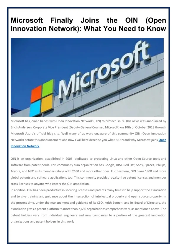 Microsoft Finally Joins the OIN (Open Innovation Network)