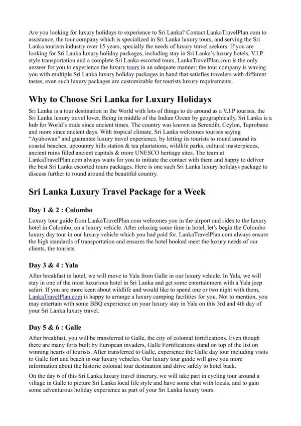 7 Days Sri Lanka Luxury Holidays Tour Package