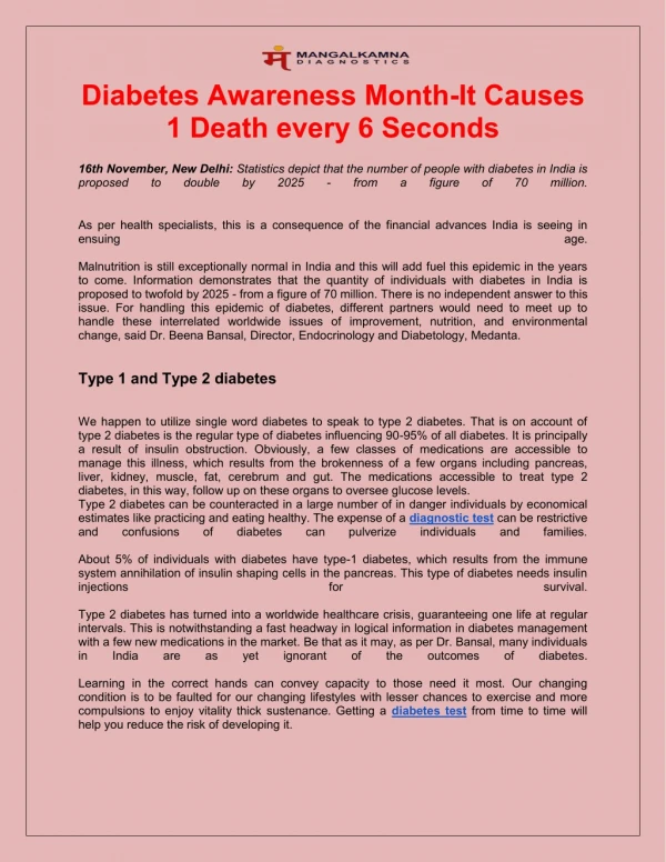 Diabetes Awareness Month-It Causes 1 Death every 6 Seconds
