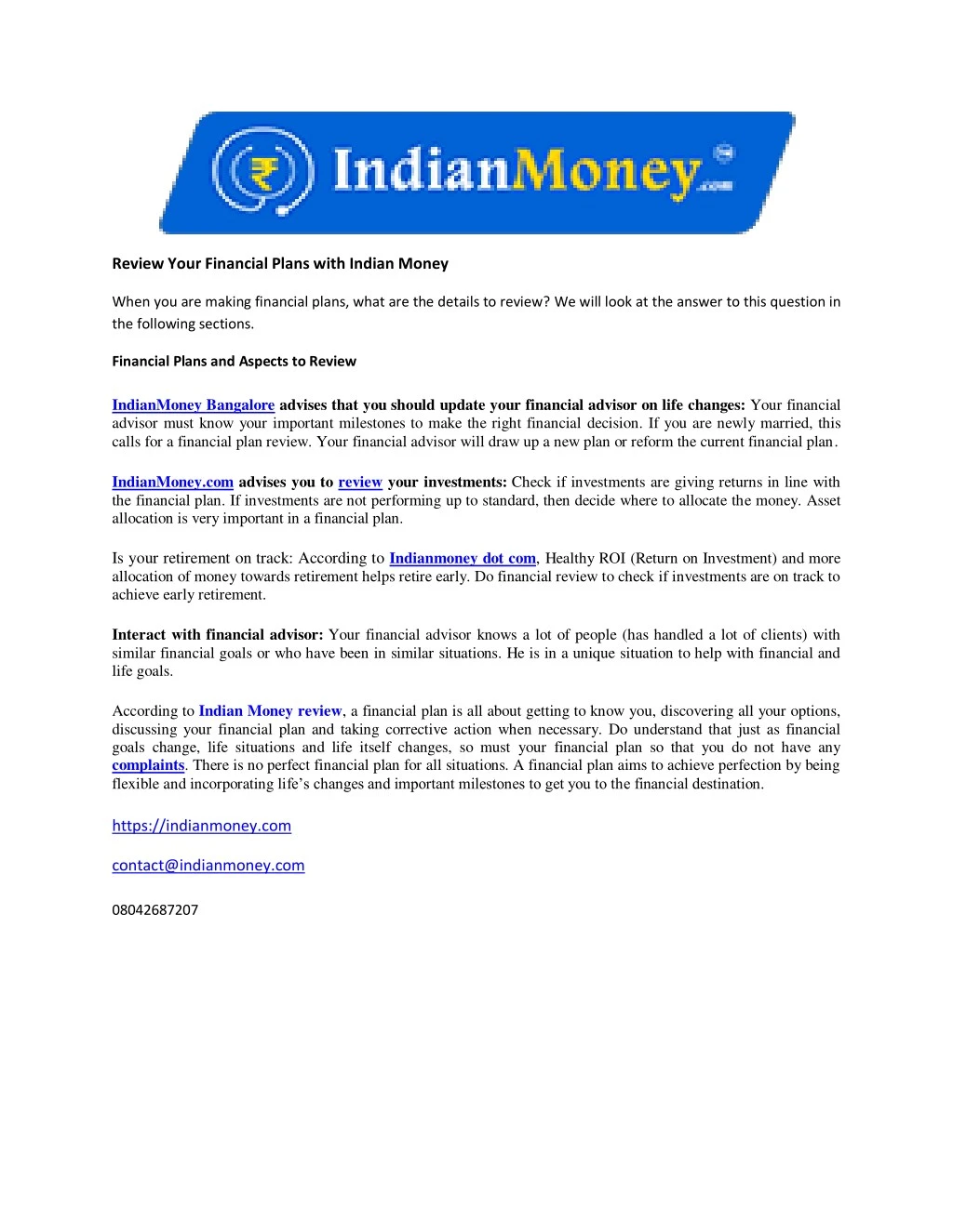 review your financial plans with indian money