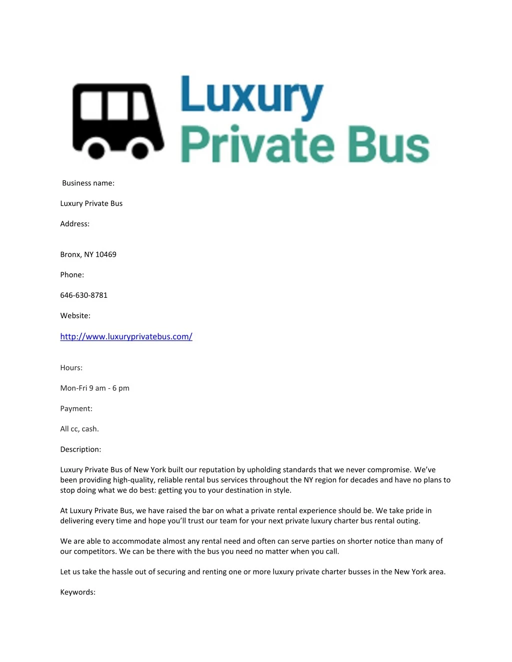 business name luxury private bus address bronx