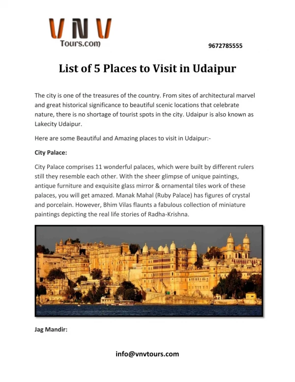 List of 5 Places to Visit in Udaipur