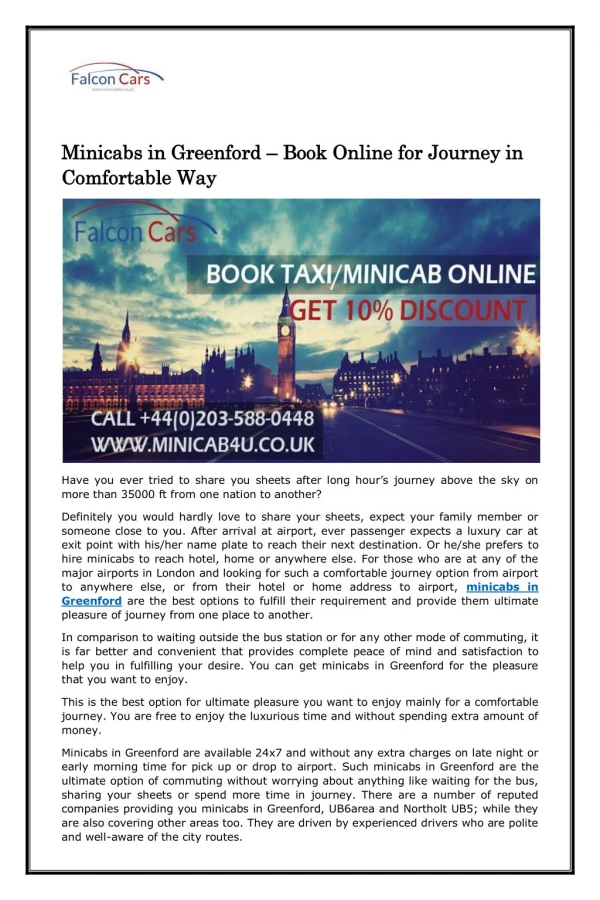 Minicabs in Greenford – Book Online for Journey in Comfortable Way