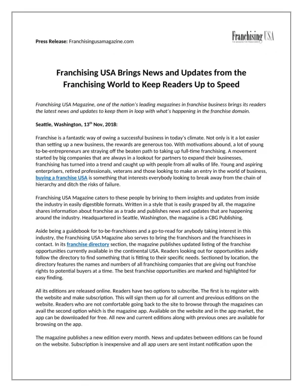 Franchising USA Brings News and Updates from the Franchising World to Keep Readers Up to Speed