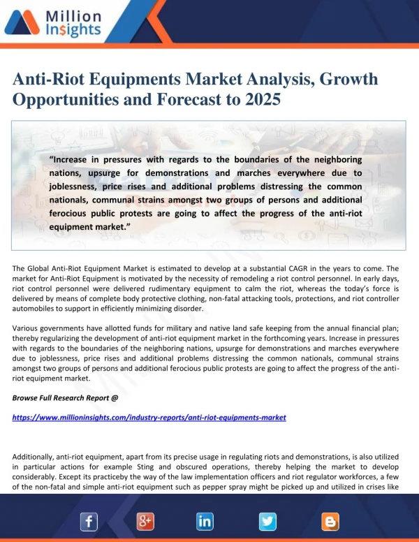 Anti-Riot Equipments Market Analysis, Growth Opportunities and Forecast to 2025
