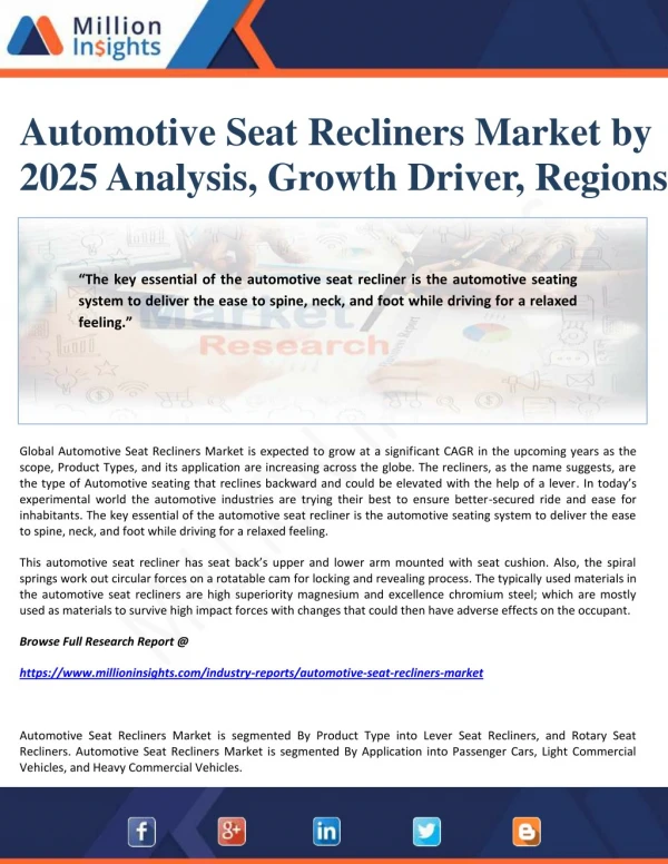 Automotive Seat Recliners Market by 2025 Analysis, Growth Driver, Regions