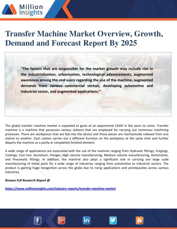 Transfer Machine Market Overview, Growth, Demand and Forecast Report By 2025