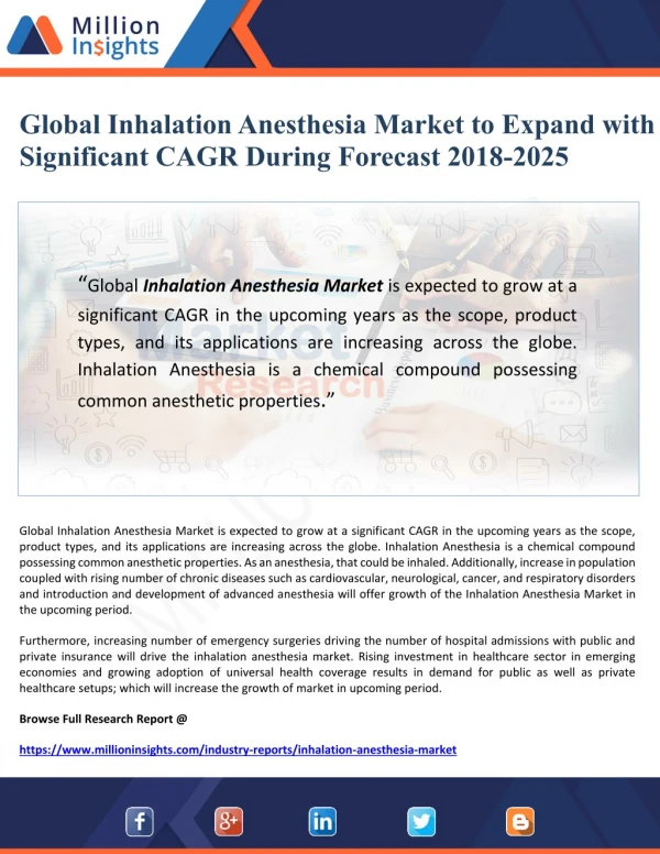 Global Inhalation Anesthesia Market to Expand with Significant CAGR During Forecast 2018-2025