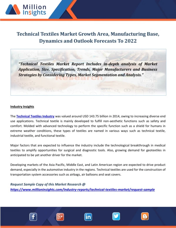 Technical Textiles Market Growth Area, Manufacturing Base, Dynamics and Outlook Forecasts To 2022
