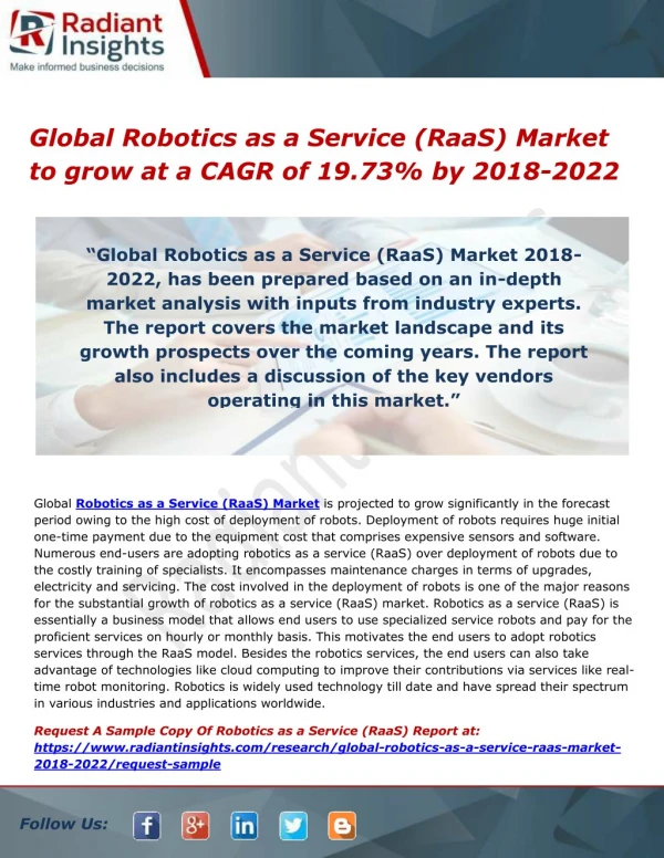 Global Robotics as a Service (RaaS) Market to grow at a CAGR of 19.73% by 2018-2022