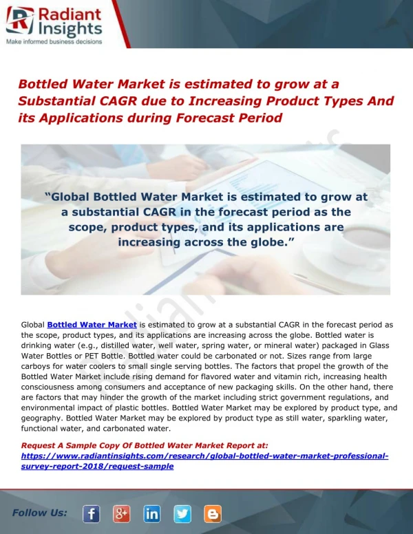 Bottled Water Market is estimated to grow at a Substantial CAGR due to Increasing Product Types And its Applications dur