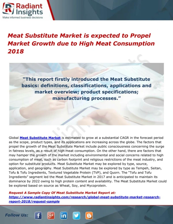 Meat Substitute Market is expected to Propel Market Growth due to High Meat Consumption 2018