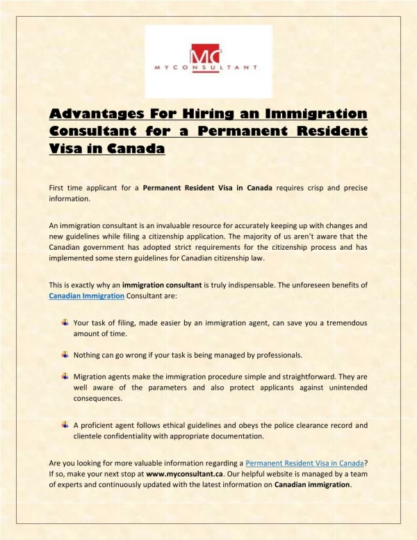Advantages For Hiring an Immigration Consultant for a Permanent Resident Visa in Canada