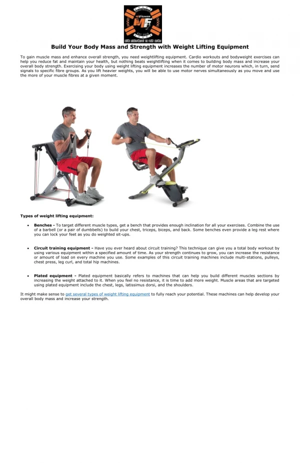 Build Your Body Mass and Strength with Weight Lifting Equipment