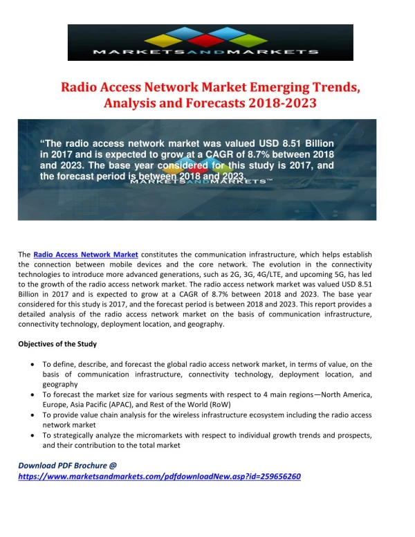 Radio Access Network Market Emerging Trends, Analysis and Forecasts 2018-2023