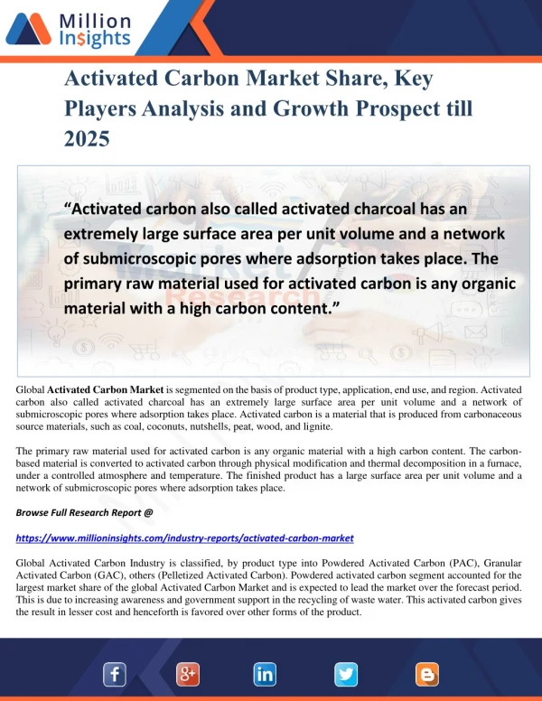 Activated Carbon Market Share, Key Players Analysis and Growth Prospect till 2025
