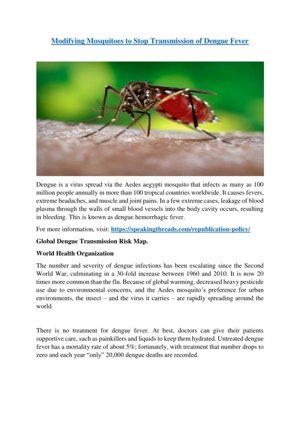 Modifying Mosquitoes to Stop Transmission of Dengue Fever