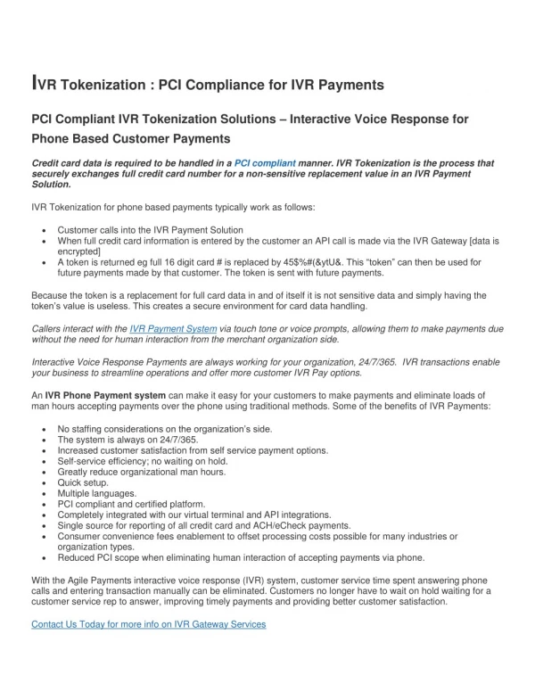 IVR Tokenization - PCI Compliance for IVR Payments